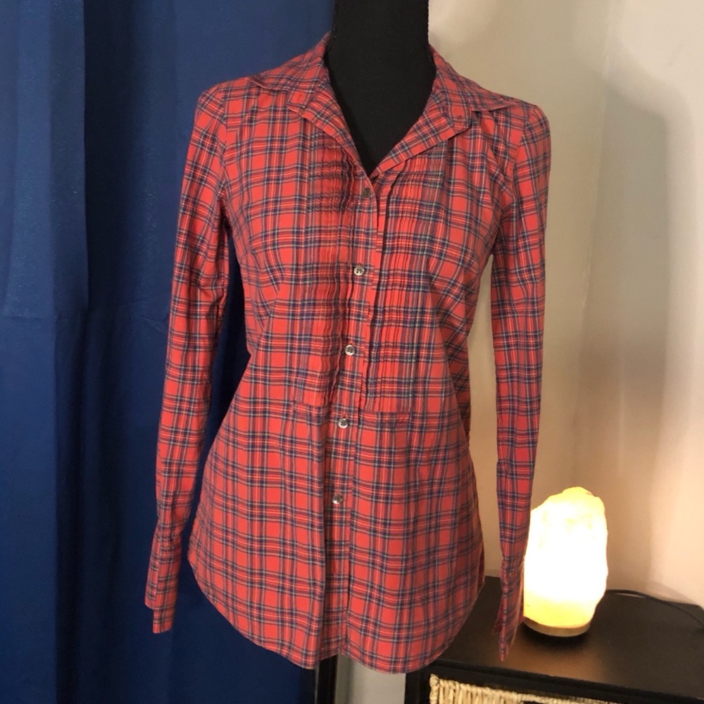 J. CREW Red Tartan Plaid Tuxedo Top